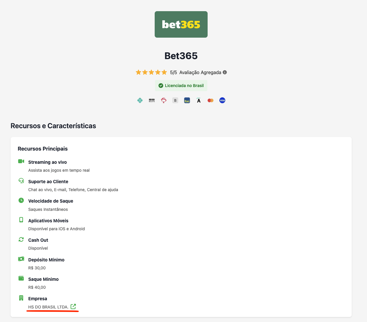 Exemplo de página de operadora licenciada mostrando a seção Empresa com o nome registrado HS DO BRASIL LTDA.
