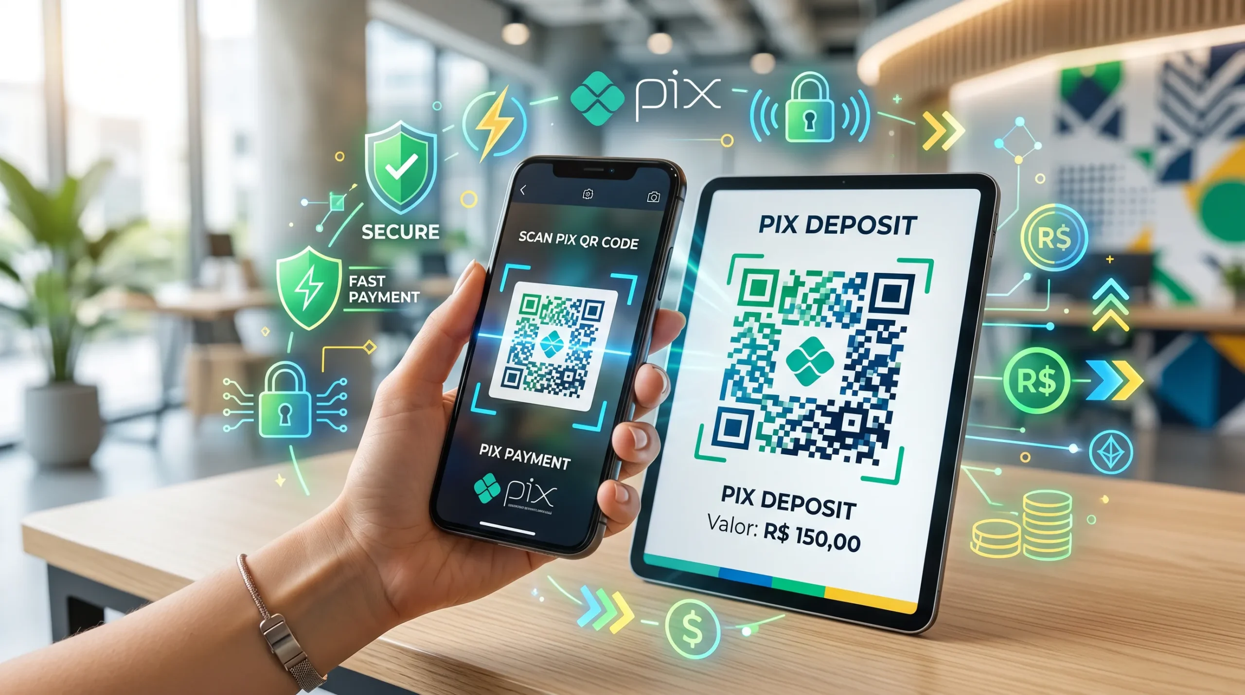 Celular escaneando QR Code Pix para depósito seguro em apostas online