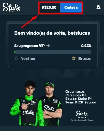 Screenshot de referência do passo de depósito na Stake