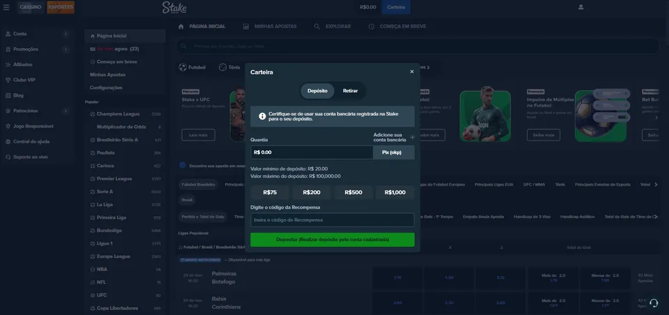 Screenshot de referência do depósito Pix na Stake