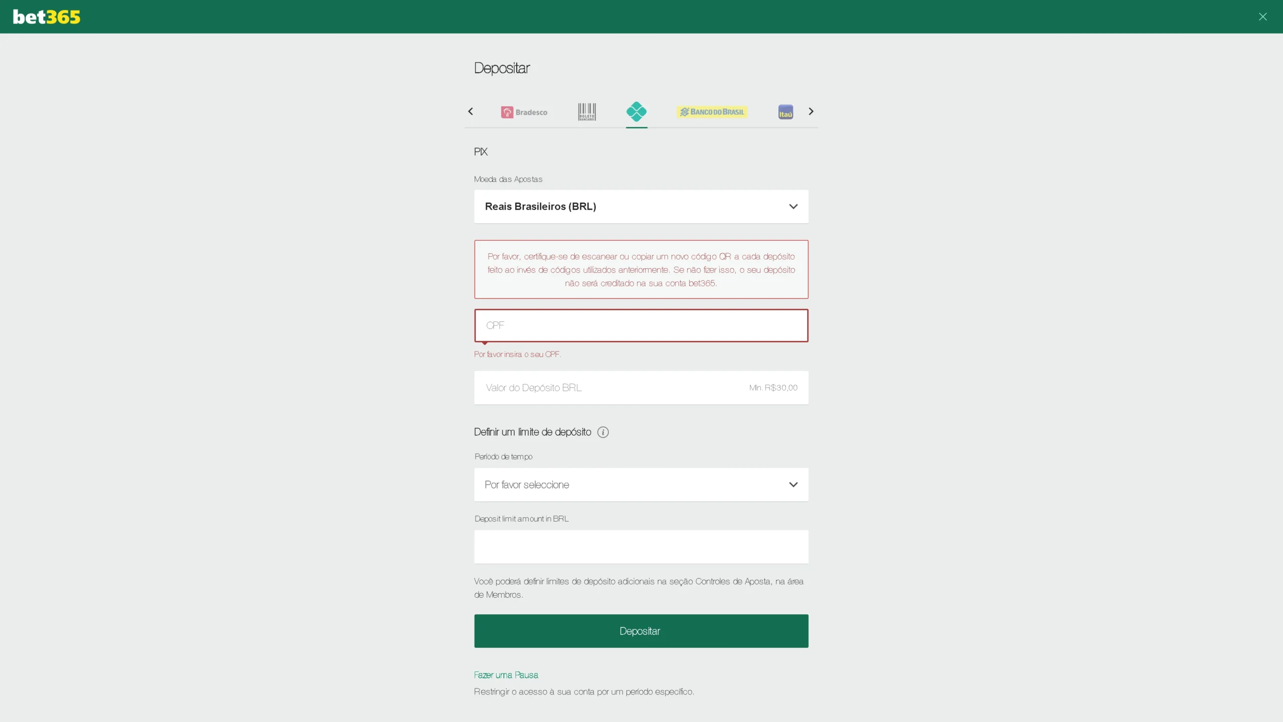 Screenshot de referência de depósito Pix Bet365 em desktop