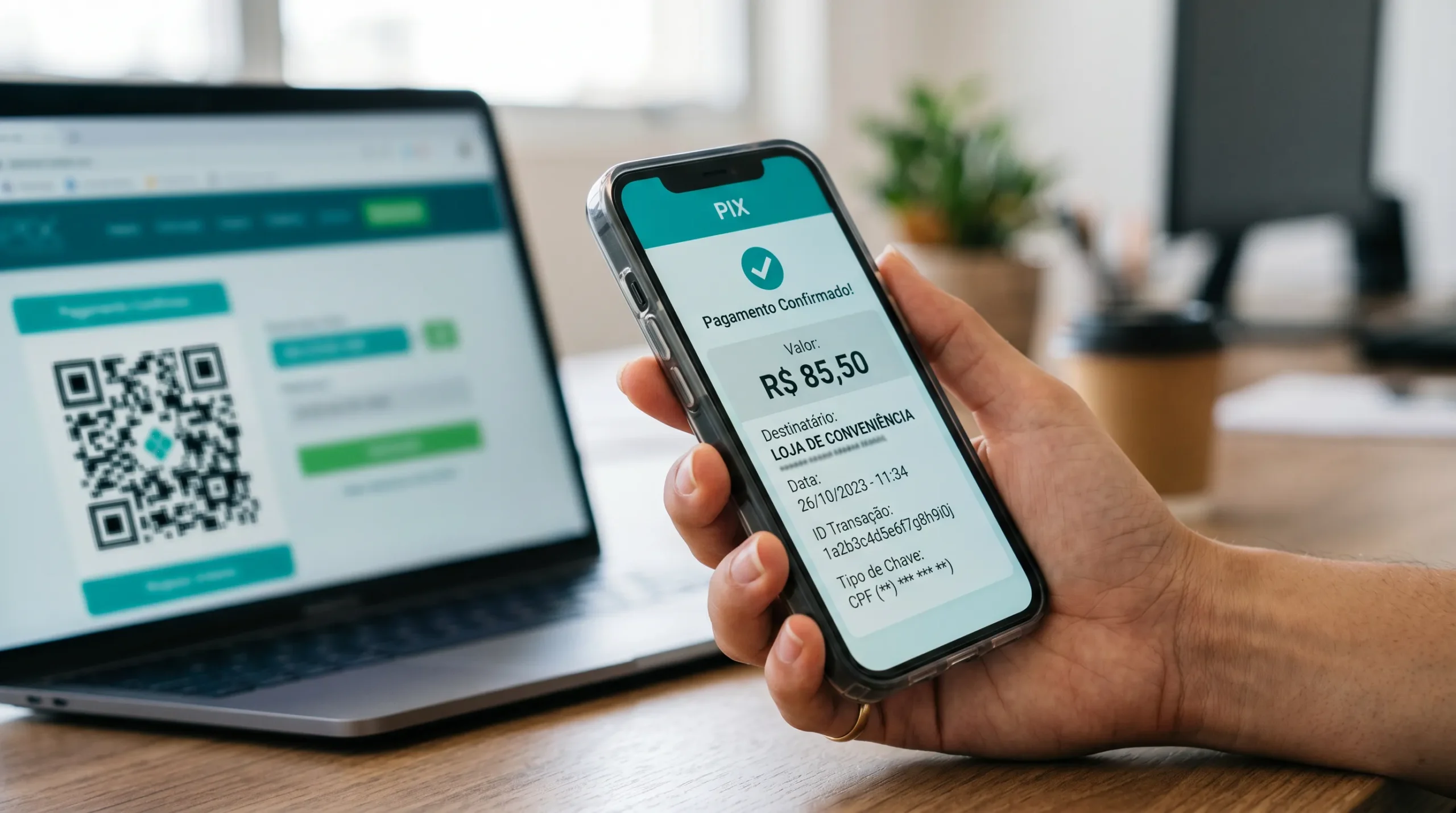 Celular mostrando confirmação de pagamento Pix para depósito online