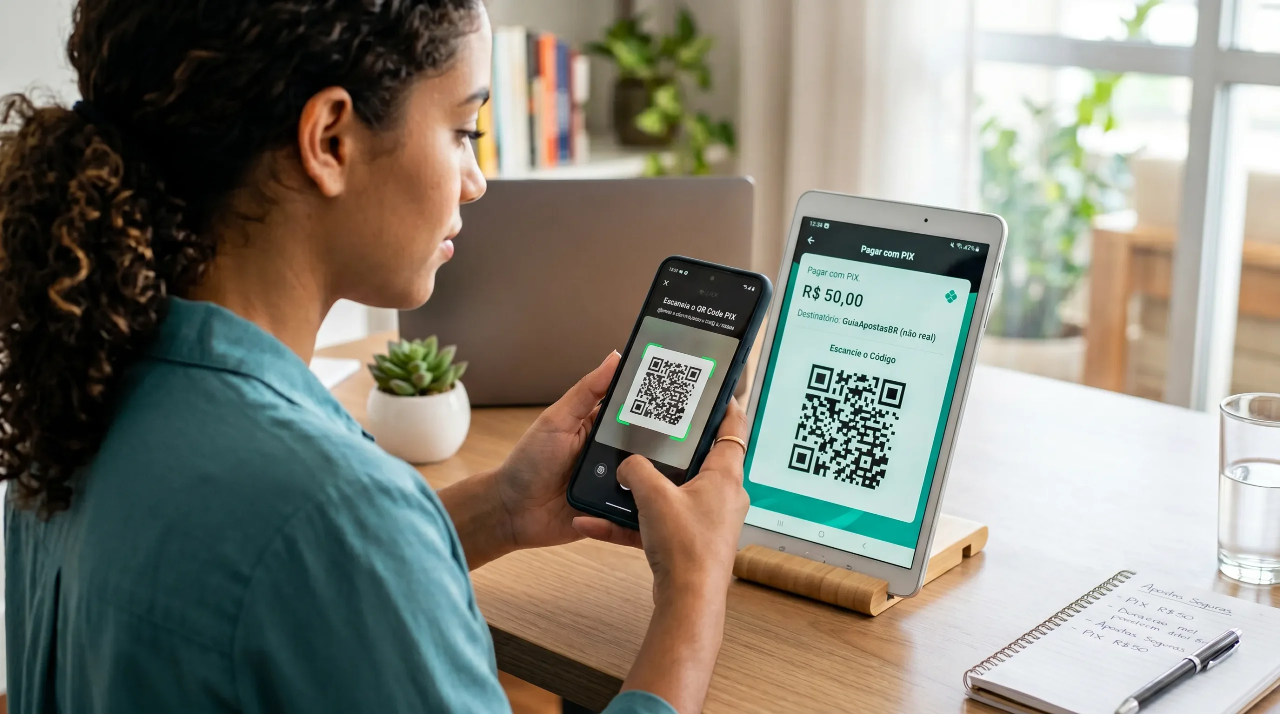 Pessoa escaneando QR Code Pix no celular para depósito em casa de apostas no Brasil