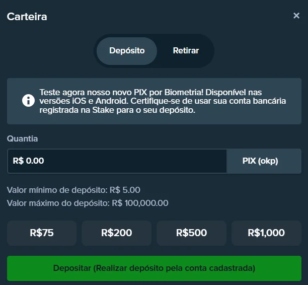 Screenshot de referência de depósito Stake Pix
