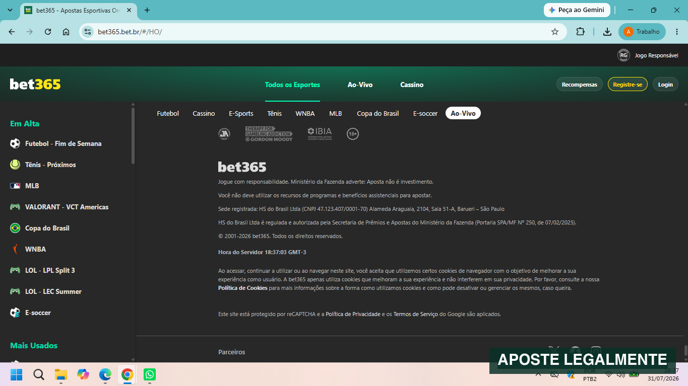 Identidade legal e domínio brasileiro exibidos no rodapé da Bet365