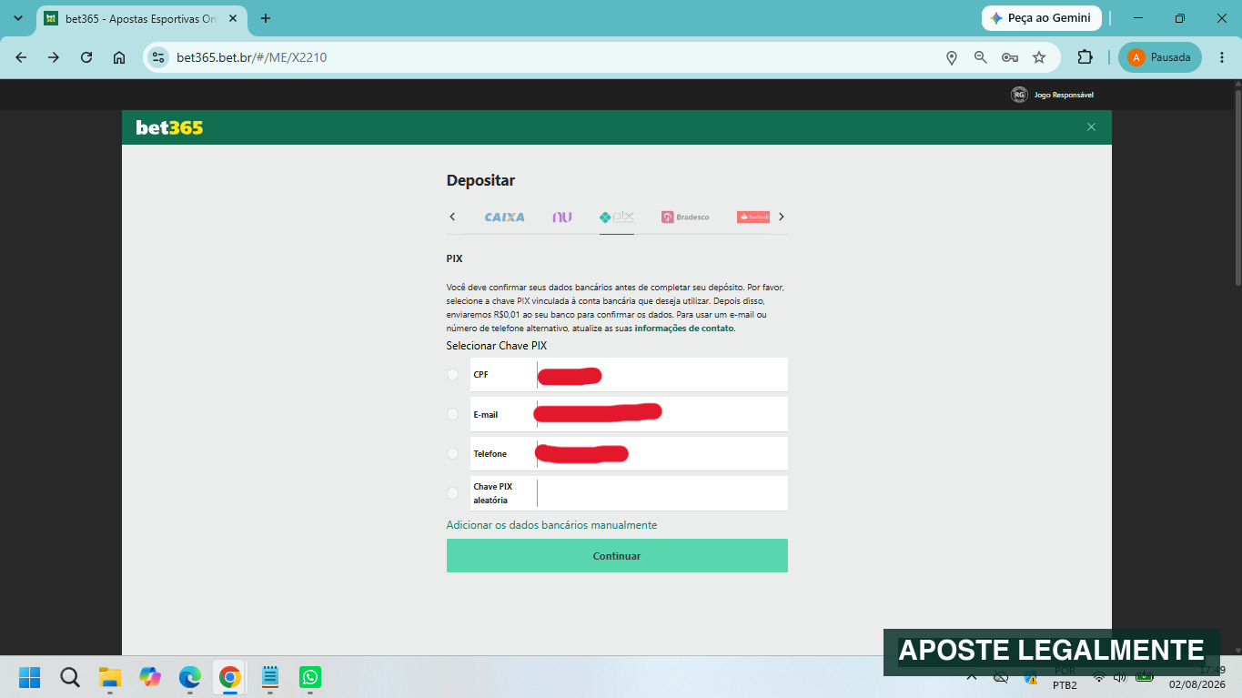 Tela da Bet365 com instruções de depósito via Pix