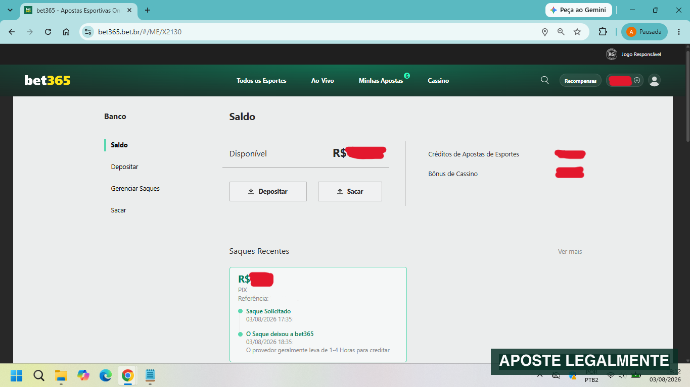 Histórico de saque da Bet365 mostrando a solicitação e o envio ao provedor