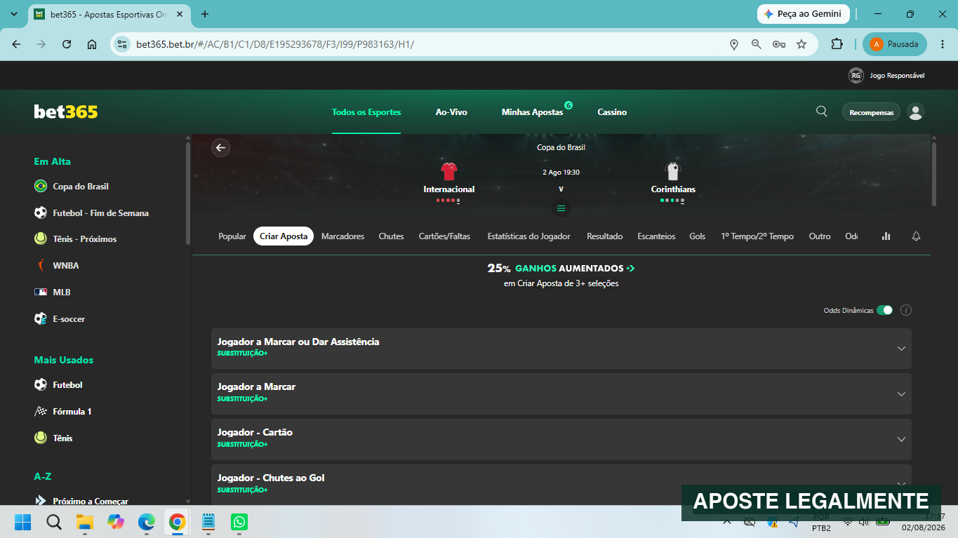 Mercados do recurso Criar Aposta da Bet365 em uma partida de futebol