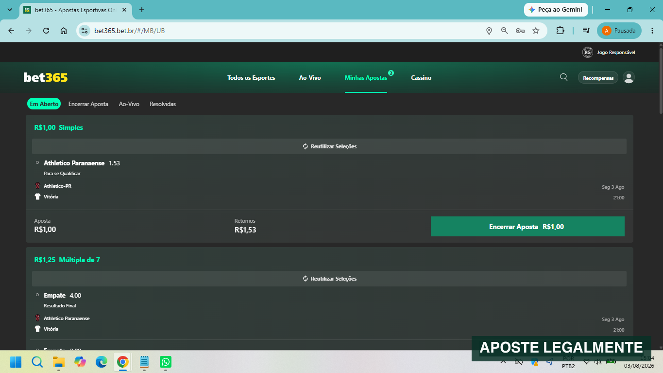 Apostas abertas na Bet365 com a opção Encerrar Aposta disponível