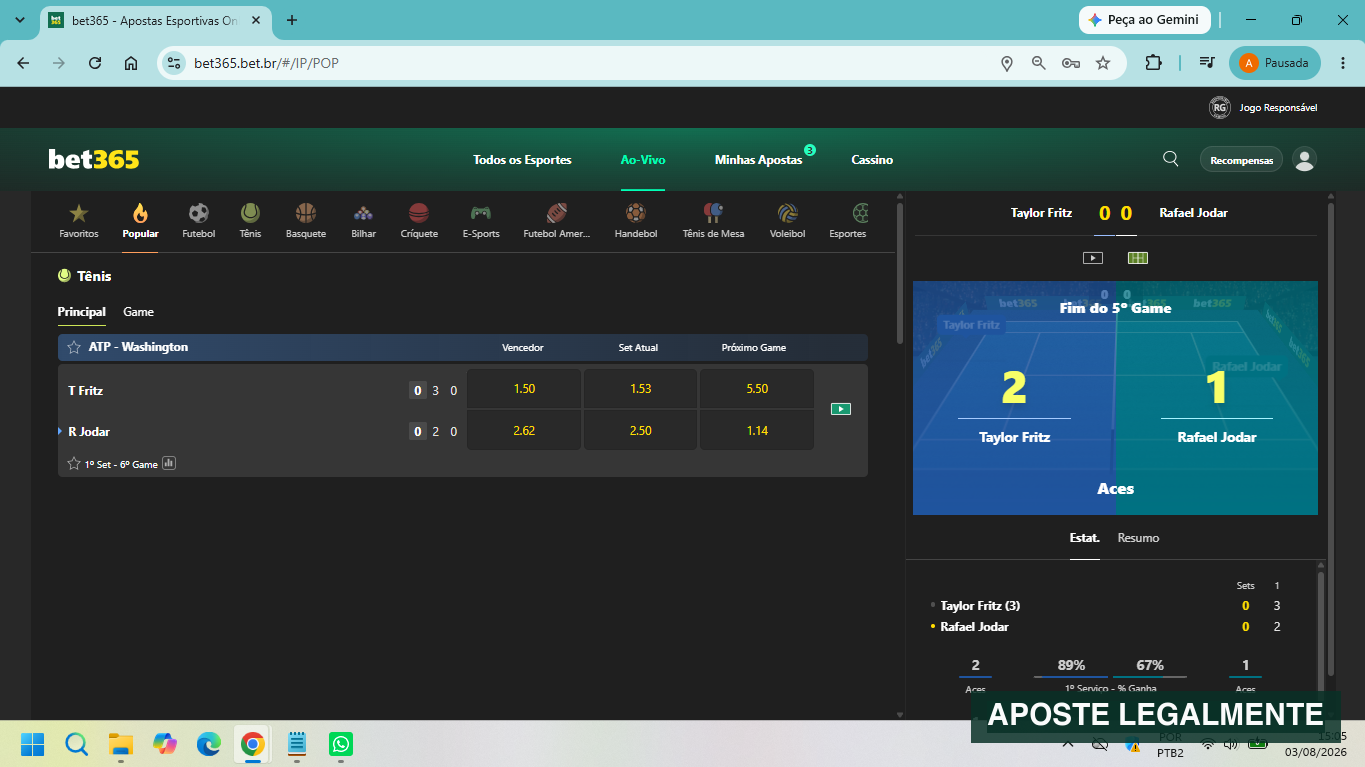 Transmissão de uma partida de tênis aberta na Bet365