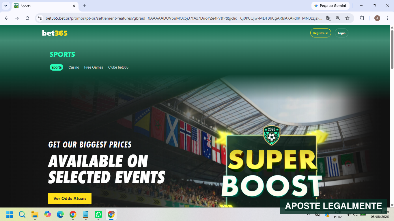 Página da Bet365 com Super Boost e outras promoções para clientes elegíveis