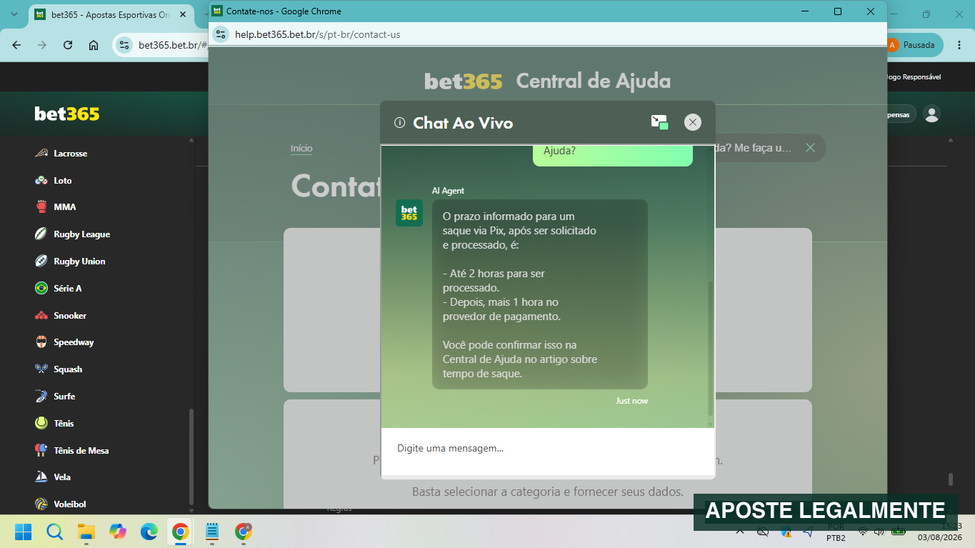 Conversa de suporte da Bet365 sobre prazo de saque via Pix
