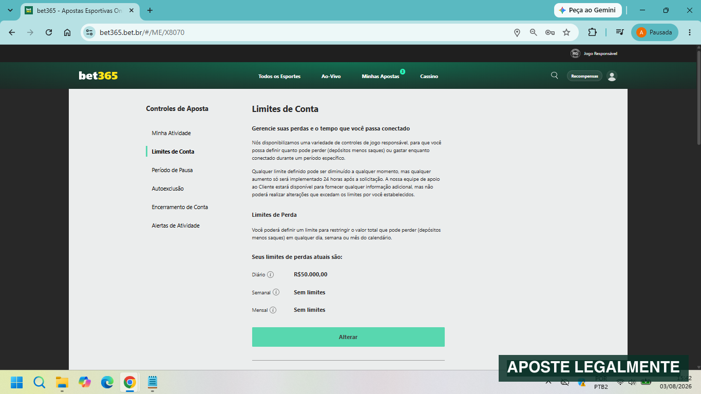 Central de jogo responsável da Bet365 com limites e opções de controle