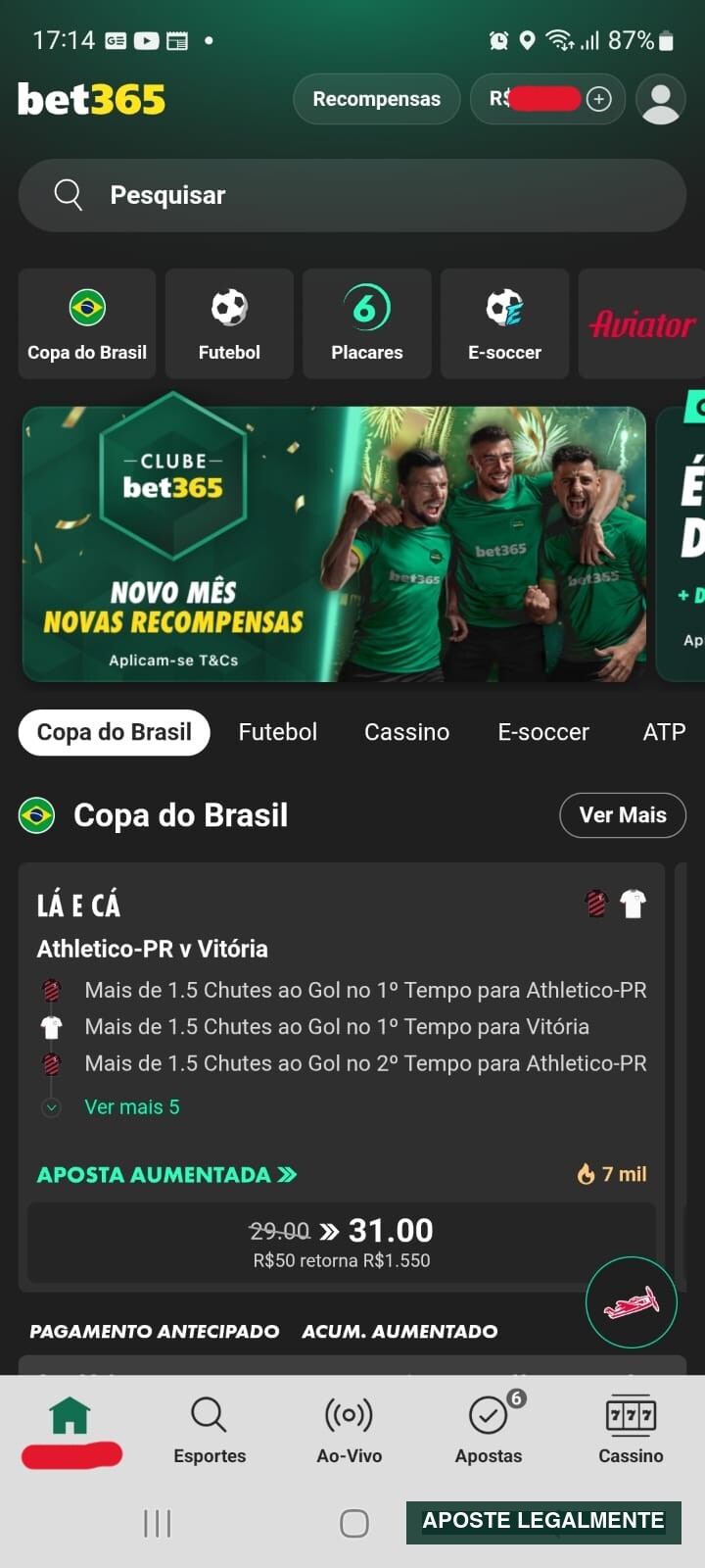 Tela inicial do aplicativo Bet365 com atalho para o Clube Bet365