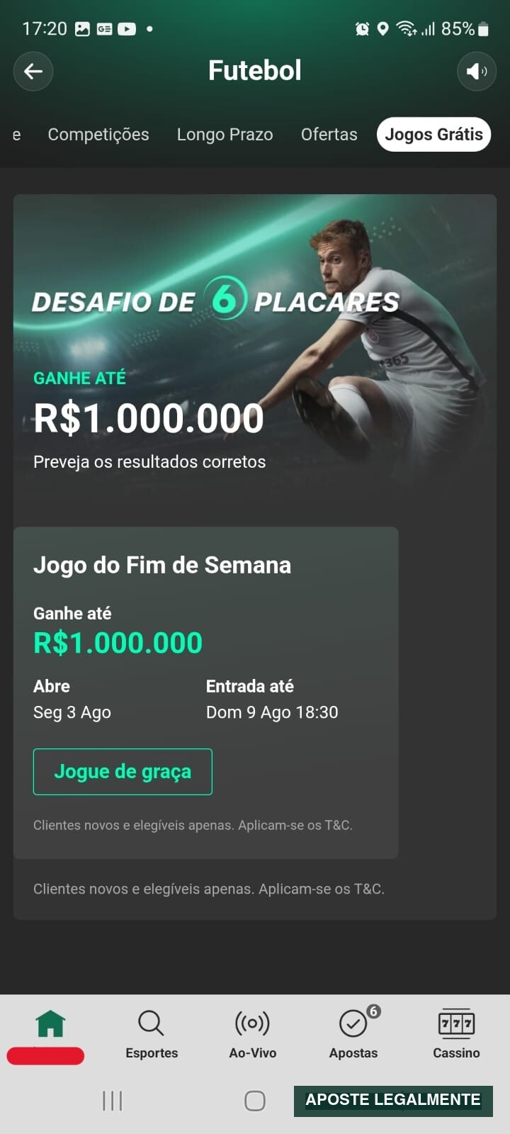 Desafio de seis placares exibido no aplicativo Bet365