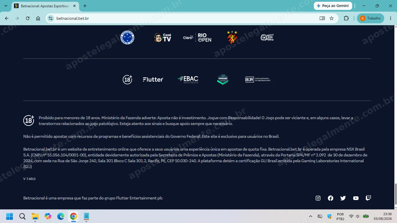 Rodapé da Betnacional com razão social, CNPJ, portaria SPA/MF, endereço e selos GLI, EBAC, CompraSafe e IBJR
