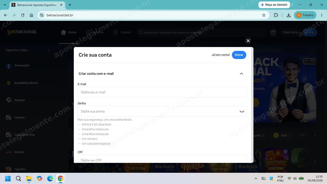 Formulário de criação de conta da Betnacional com campos de e-mail, senha e CPF
