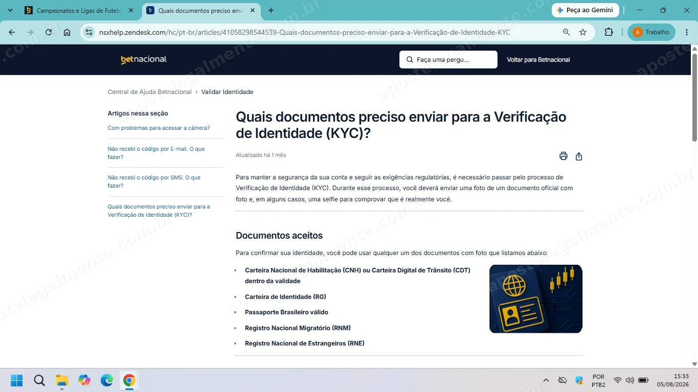 Artigo da Central de Ajuda da Betnacional listando os documentos aceitos na verificação de identidade