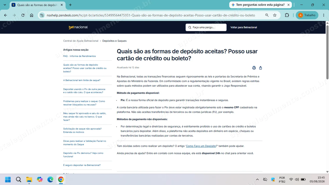 Artigo da Central de Ajuda confirmando que o Pix é a única forma de depósito aceita na Betnacional
