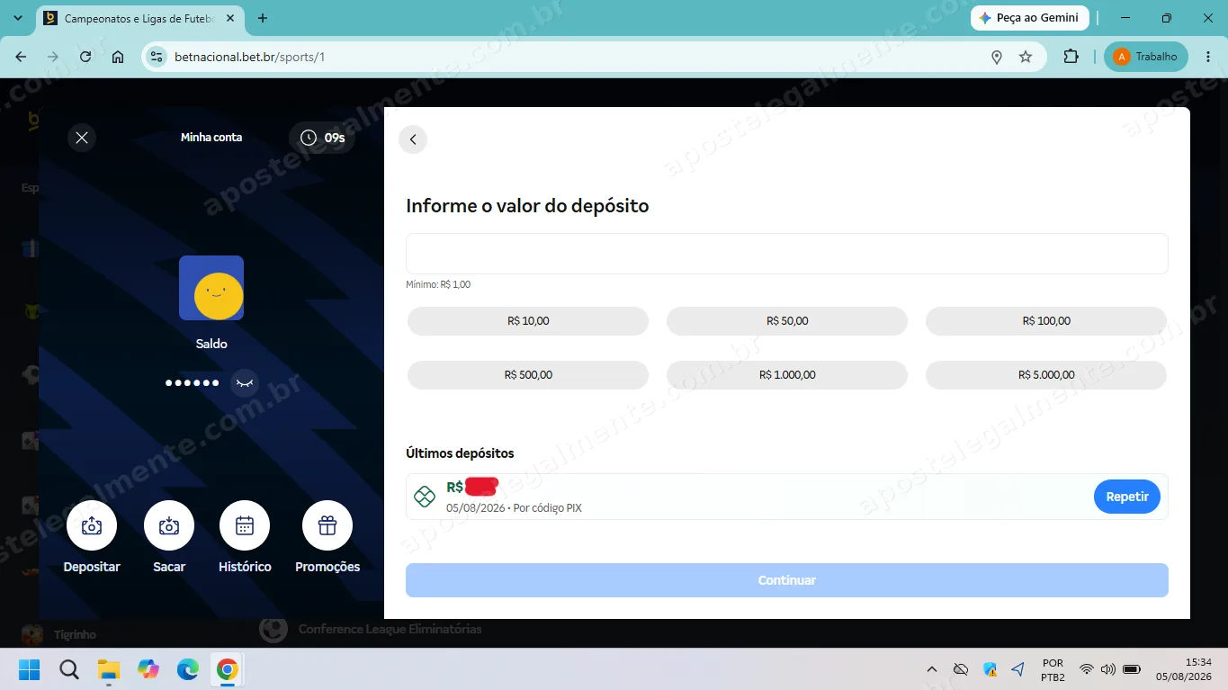 Tela de depósito da Betnacional com valor mínimo de R$ 1 e atalhos de valores