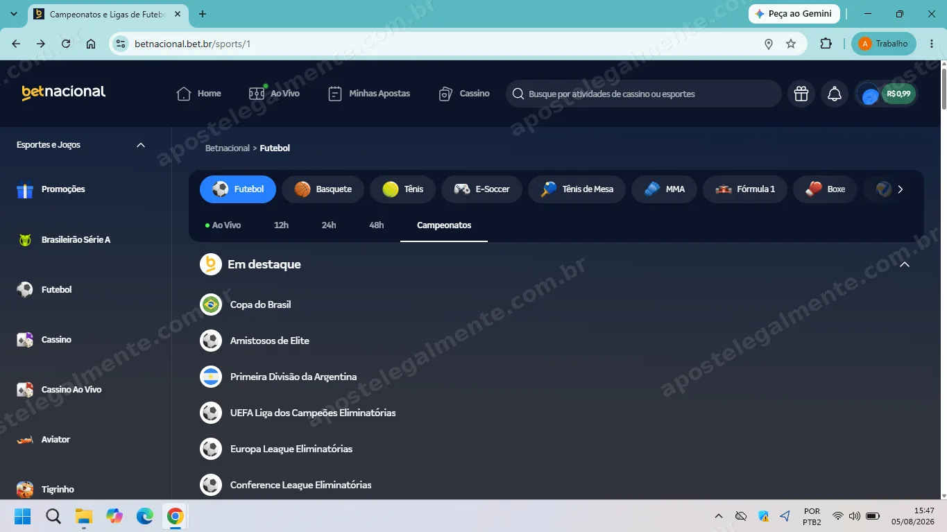 Lobby esportivo da Betnacional com modalidades, filtros de horário e campeonatos em destaque