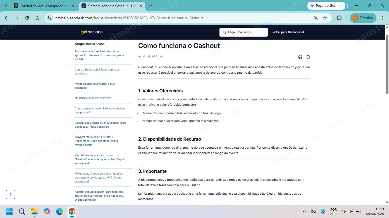Artigo da Central de Ajuda da Betnacional explicando como funciona o Cashout