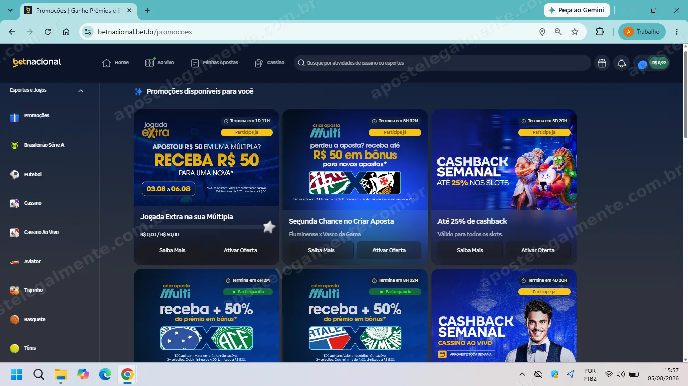 Área de promoções da Betnacional com Jogada Extra, Segunda Chance e Cashback Semanal