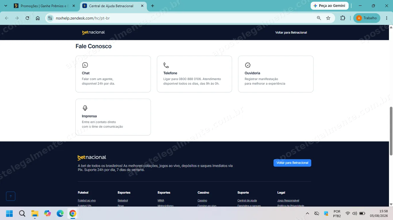 Página Fale Conosco da Betnacional com os canais de chat, telefone, ouvidoria e imprensa