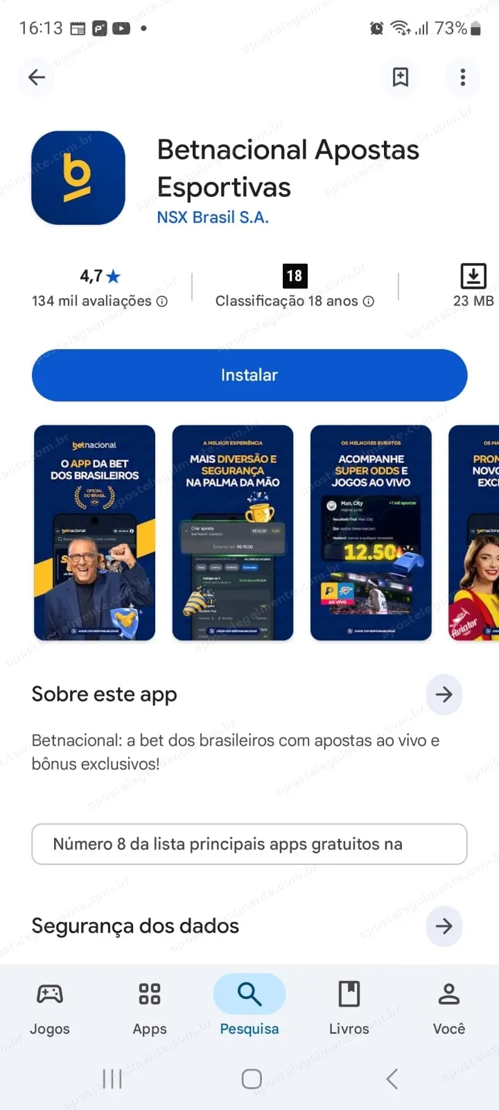 Ficha do aplicativo Betnacional na Google Play, com desenvolvedor NSX Brasil S.A.