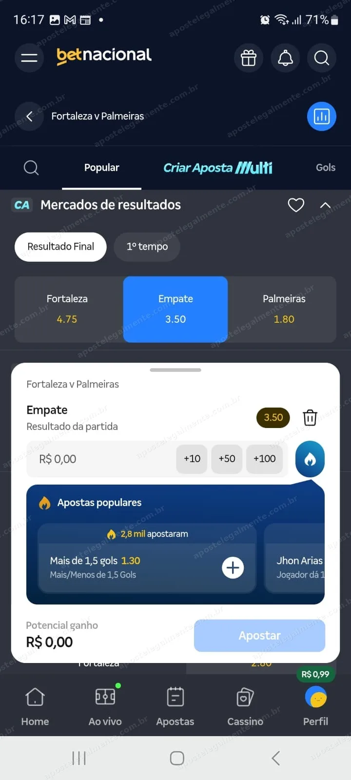 Cupom de aposta no aplicativo Android da Betnacional em Fortaleza x Palmeiras