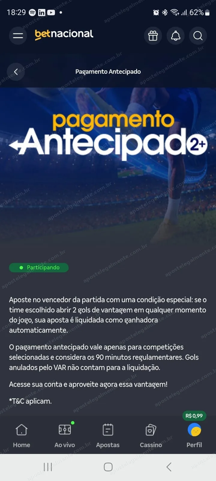 Página do Pagamento Antecipado no aplicativo da Betnacional explicando a regra de 2 gols de vantagem