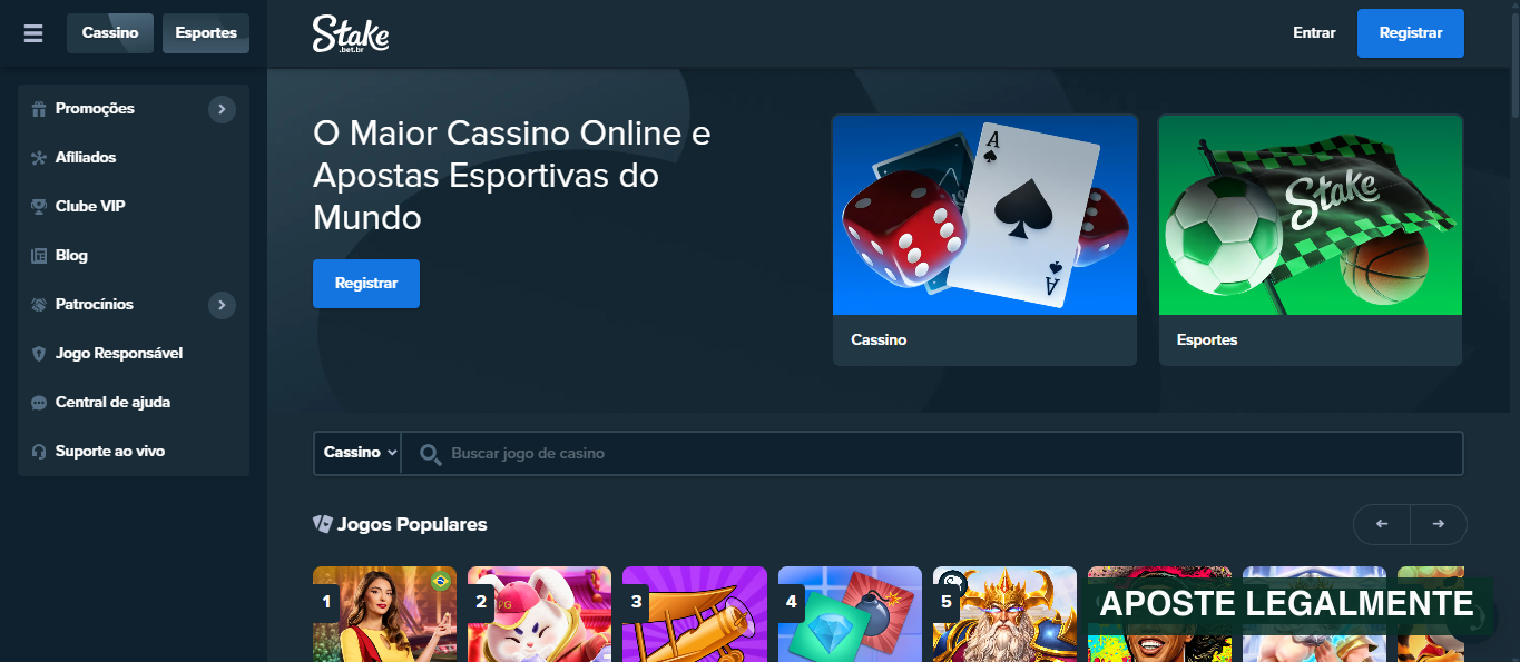 Página inicial da Stake Brasil em desktop, com acesso às áreas de cassino e esportes