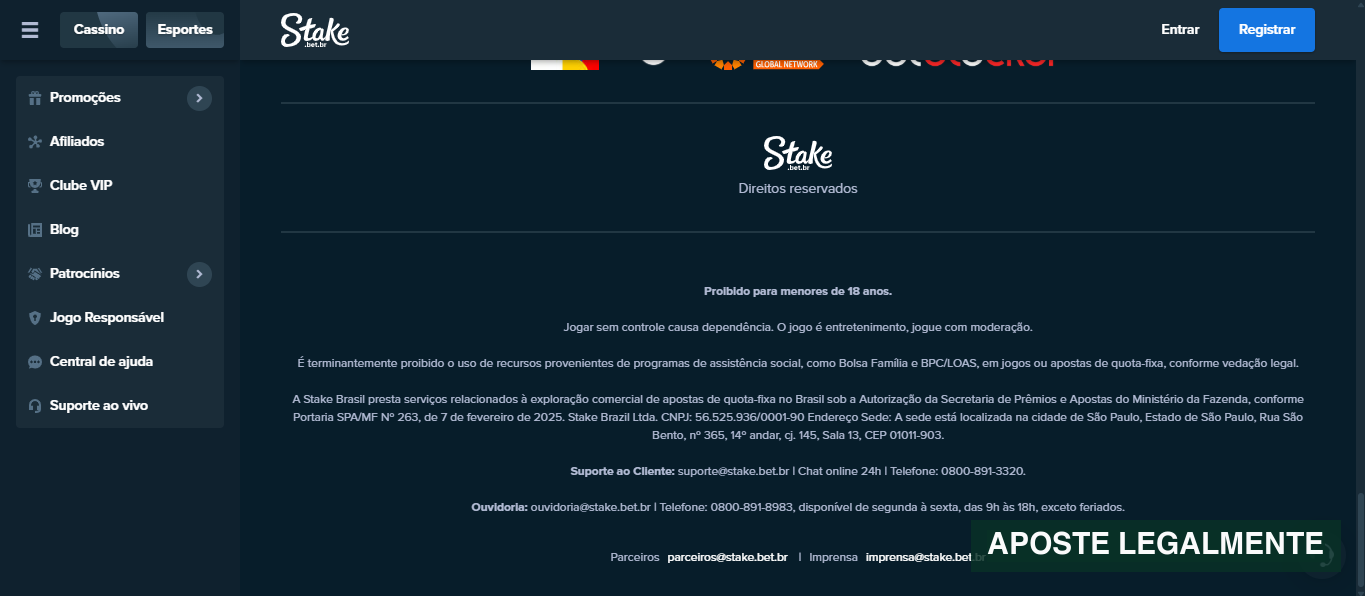 Rodapé da Stake Brasil mostrando empresa, CNPJ, portaria de autorização e canais de atendimento