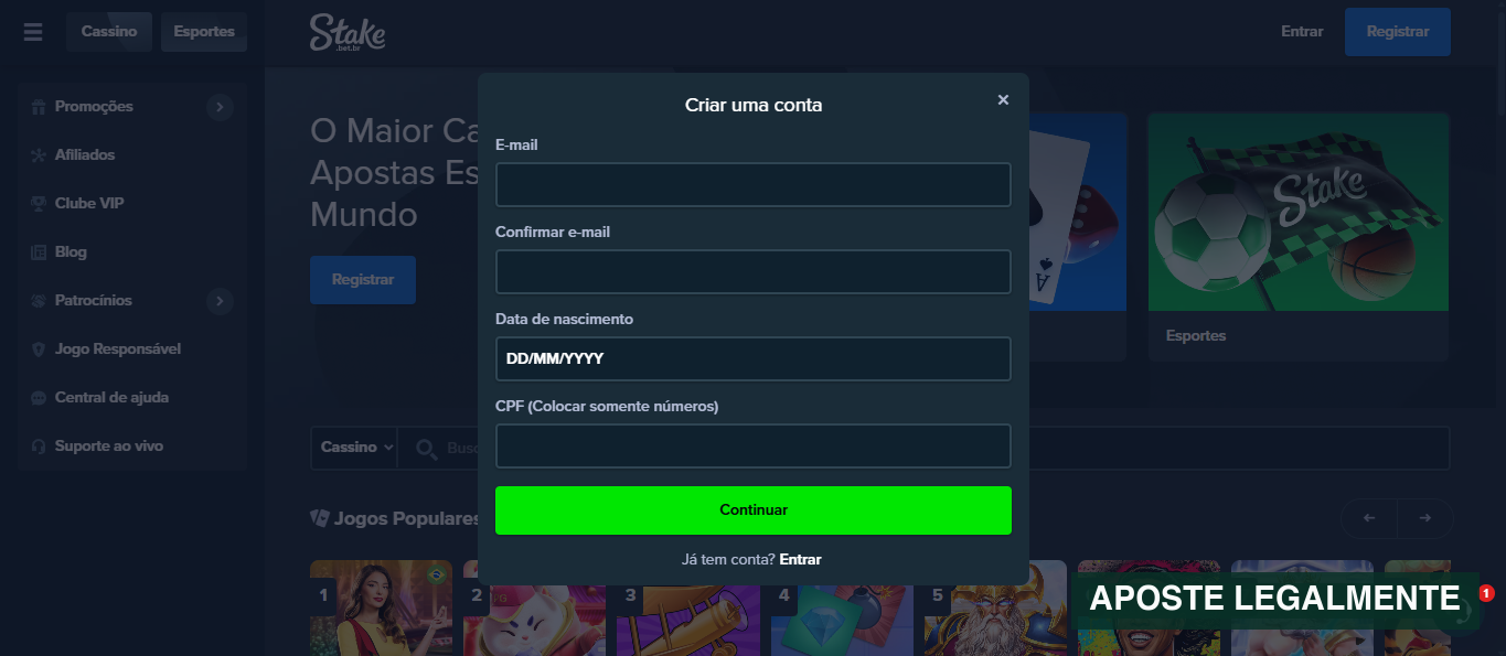 Primeira etapa do cadastro da Stake Brasil solicitando e-mail, data de nascimento e CPF
