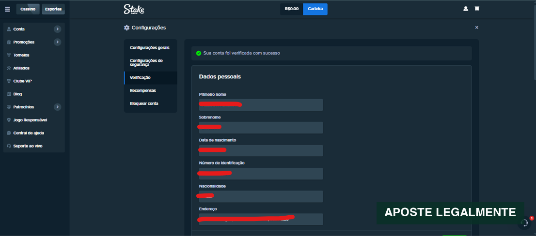 Tela da Stake Brasil confirmando conta verificada, com todos os dados pessoais ocultos