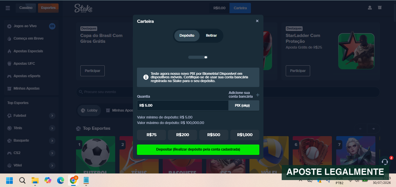 Carteira da Stake Brasil mostrando depósito via Pix e os limites exibidos no teste