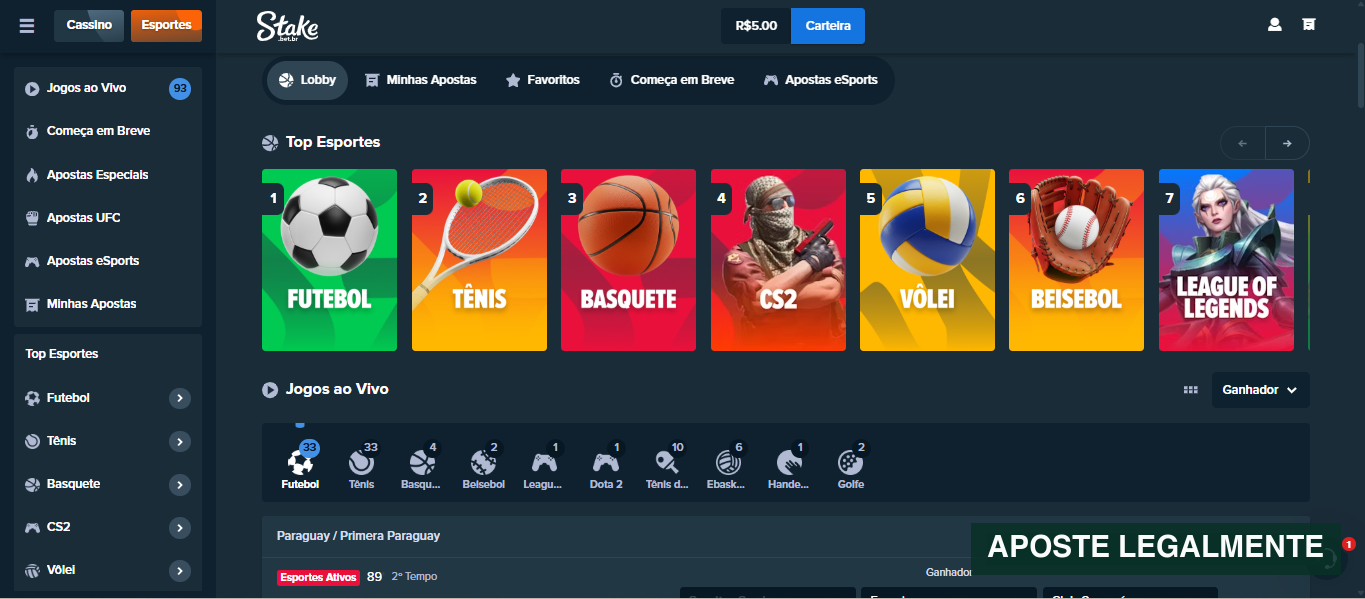 Lobby esportivo da Stake Brasil com futebol, tênis, basquete, vôlei, beisebol e eSports