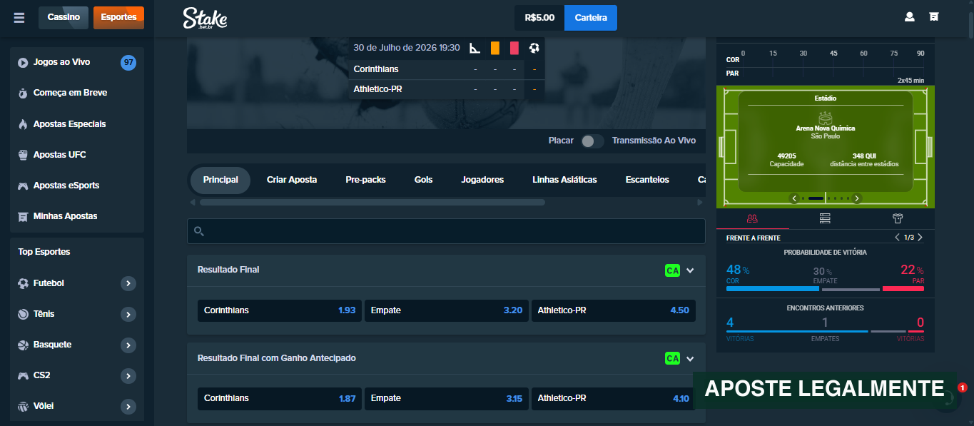 Página de um evento de futebol na Stake Brasil com mercados, placar e estatísticas