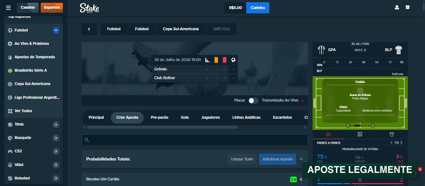 Criador de apostas da Stake Brasil com seleções de uma mesma partida de futebol