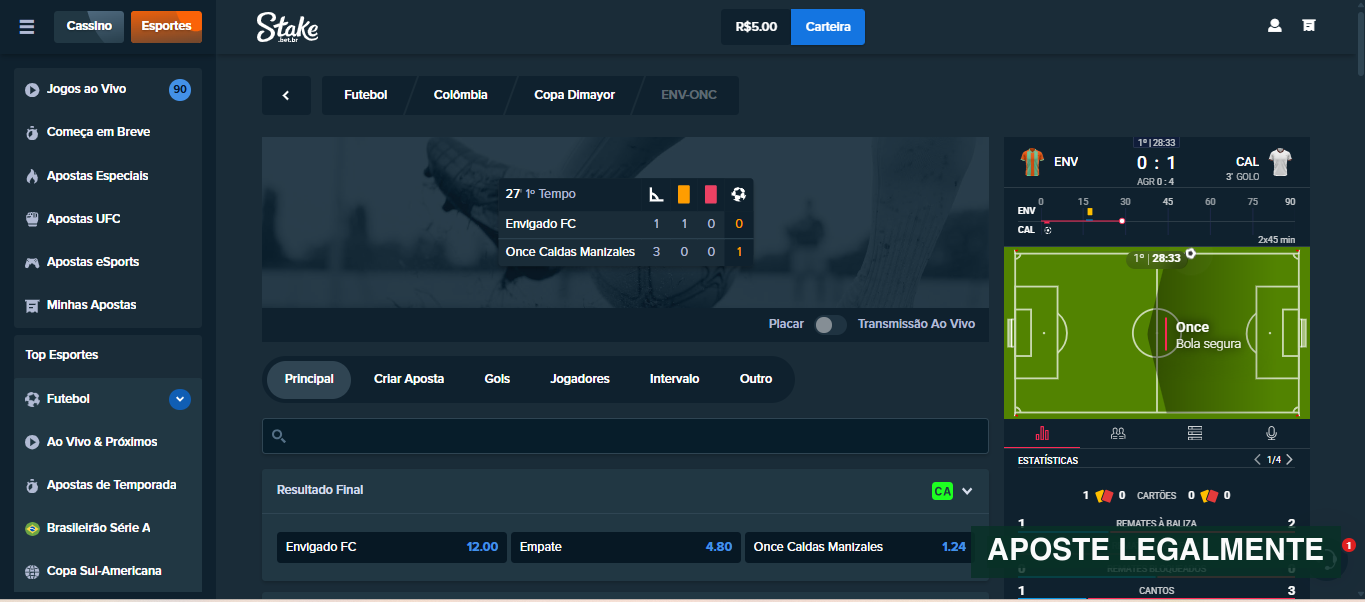 Aposta ao vivo em futebol na Stake Brasil com placar, cronologia, estatísticas e mercados