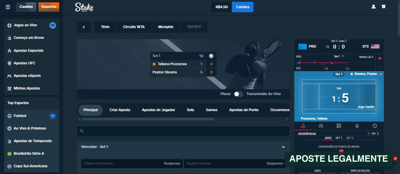 Evento de tênis ao vivo na Stake Brasil com controle de transmissão, placar e estatísticas