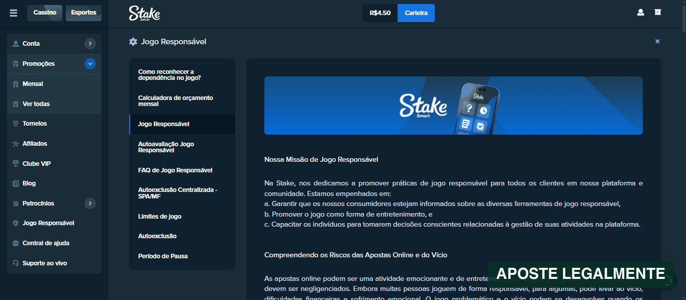 Central de jogo responsável da Stake Brasil com limites, autoavaliação e autoexclusão