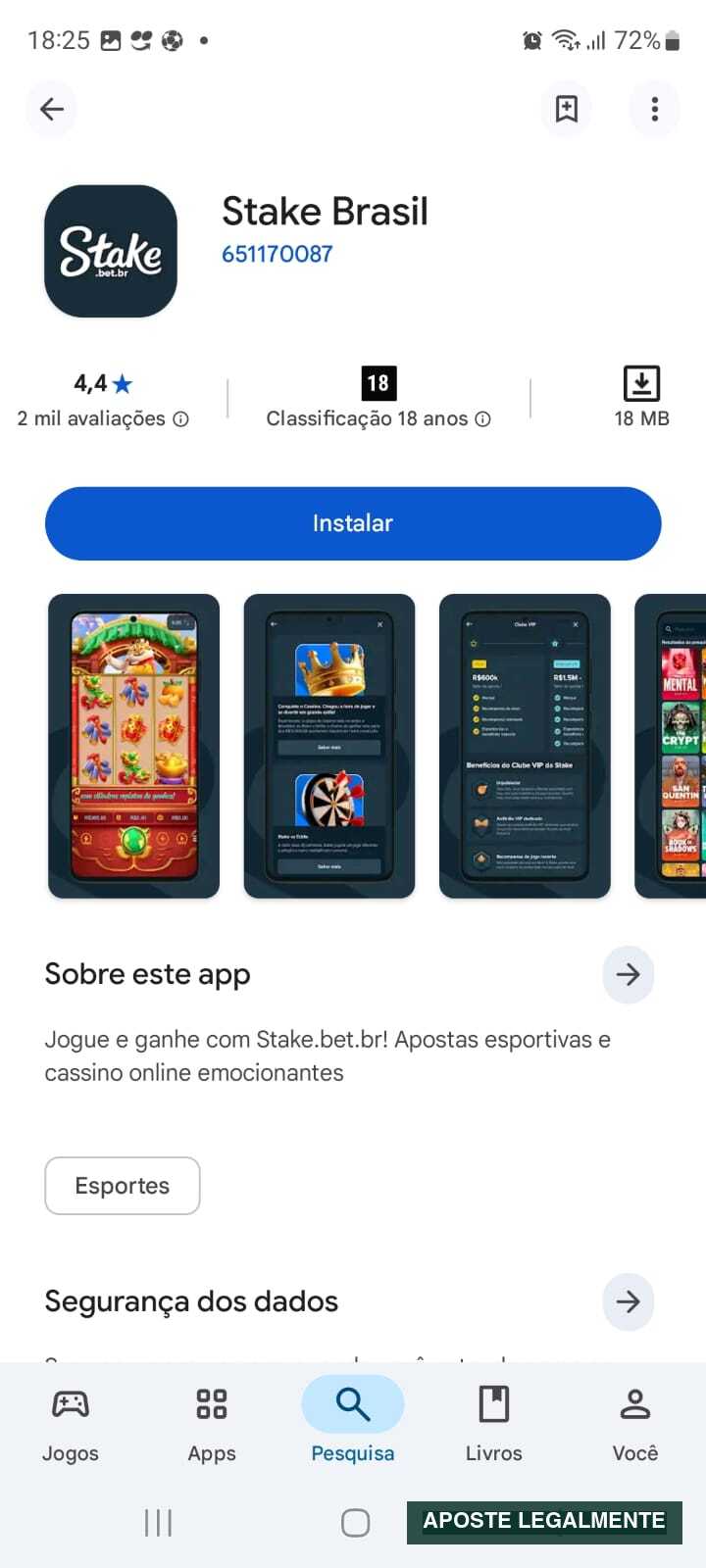 Página oficial do aplicativo Stake Brasil na Google Play em um celular Android