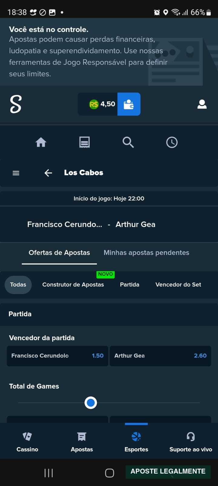 Mercados de uma partida de tênis exibidos no aplicativo Android da Stake Brasil