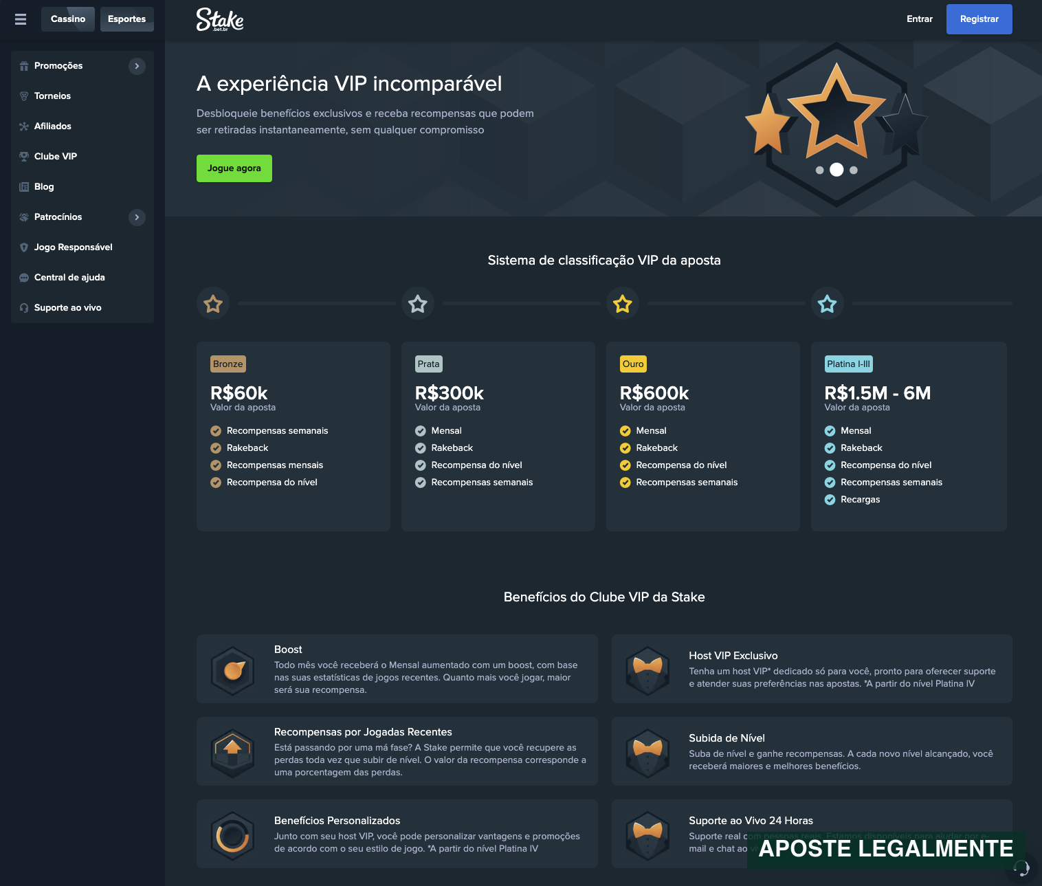 Página do Clube VIP da Stake Brasil com níveis Bronze, Prata, Ouro e Platina I a III, valores de aposta e benefícios