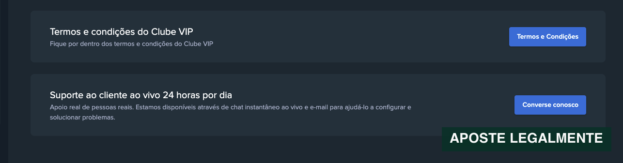 Área da página do Clube VIP da Stake Brasil com acesso aos termos e condições e ao suporte ao vivo