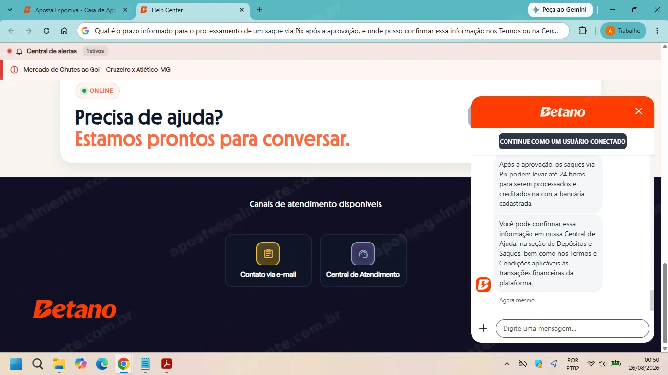 Resposta do assistente automatizado da Betano sobre processamento de saques Pix