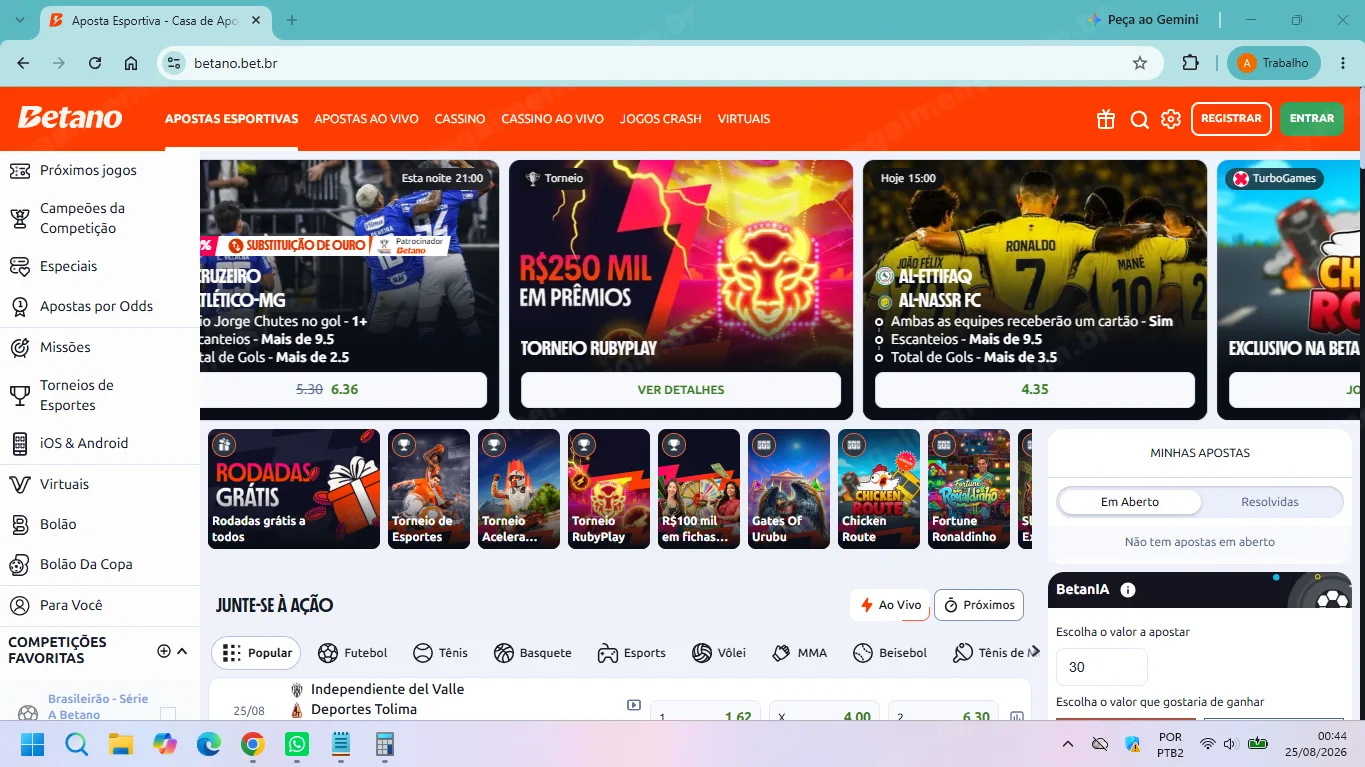 Página inicial da Betano com navegação para esportes e apostas ao vivo