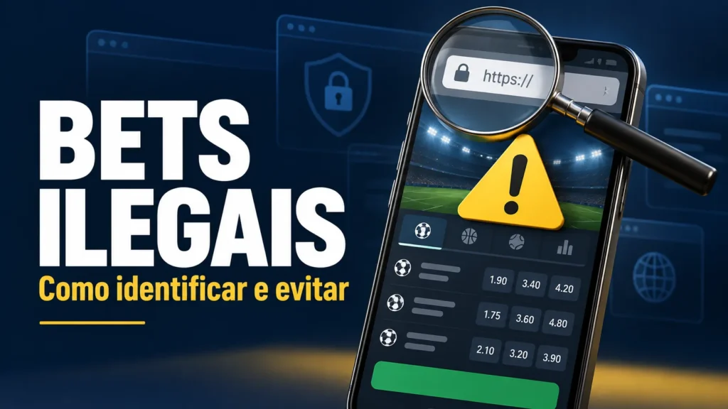 Bets ilegais: como identificar e evitar. Ilustração de celular com alerta e lupa examinando o endereço de um site de apostas.