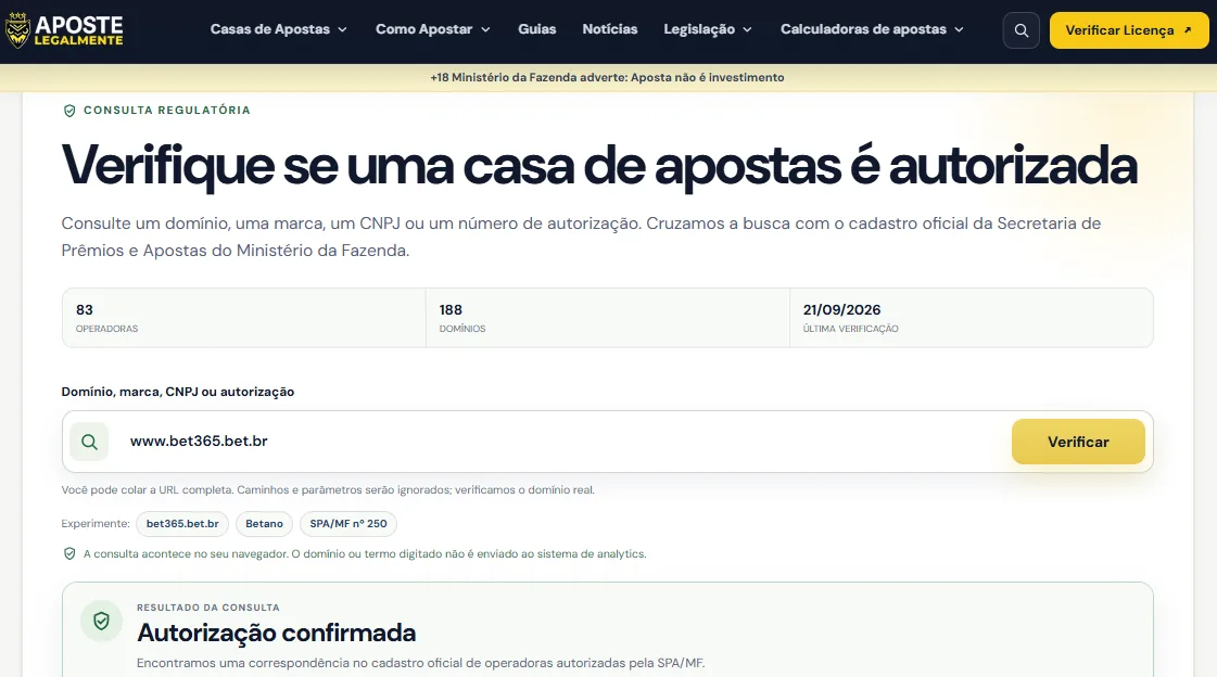 Verificador de Licença do Aposte Legalmente com consulta ao domínio bet365.bet.br, em captura de 21 de setembro de 2026.